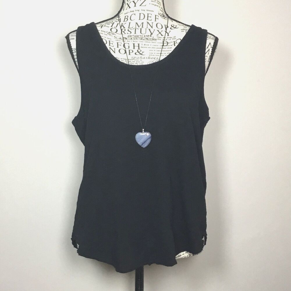 Black cotton stretchy tank top raw rounded hem minimalist closet staple M